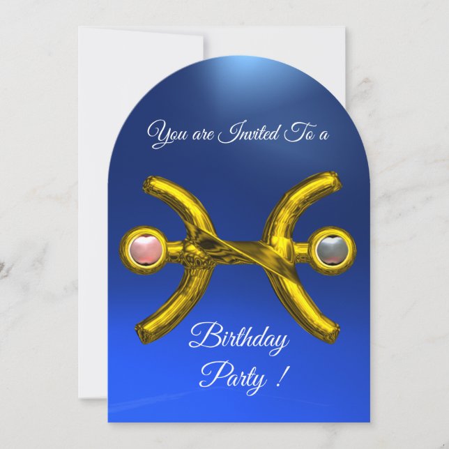 PISCES Gold Aqua Blue Zodiac Birthday Party Invitation (Front)
