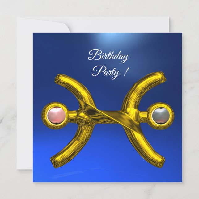 PISCES Gold Aqua Blue Zodiac Birthday Party Invitation (Front)