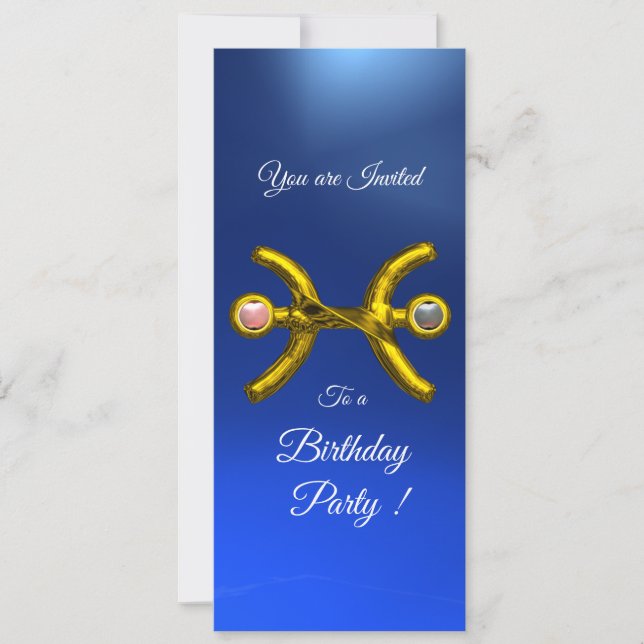 PISCES Gold Aqua Blue Zodiac Birthday Party Invitation (Front)