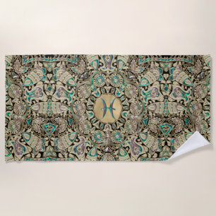 Pisces Gold Lace Mandala Beach Towel