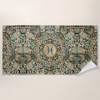Pisces Gold Lace Mandala Beach Towel