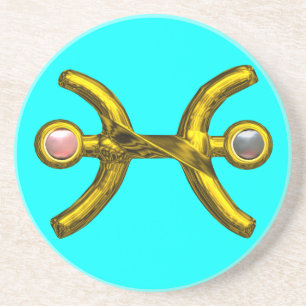 PISCES GOLD ZODIAC BIRTHDAY JEWEL Pearl Aqua Blue Coaster