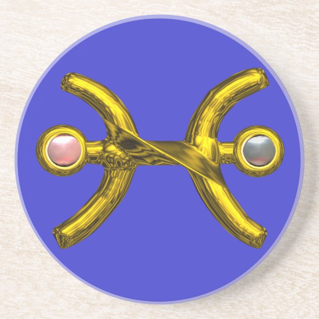 PISCES GOLD ZODIAC BIRTHDAY JEWEL ,Pearls Blue Coaster (Front)