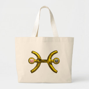 PISCES Gold Zodiac Birthday Sign,White Pink Pearls Large Tote Bag