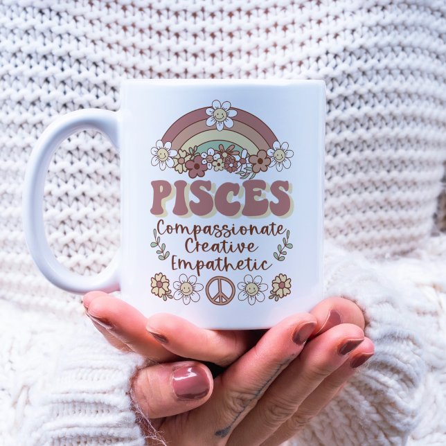 Pisces Groovy Retro Floral Rainbow Coffee Mug (Creator Uploaded)