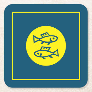 Pisces Horoscope Yellow Blue Modern Minimalist Square Paper Coaster