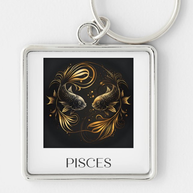Pisces Keychain Black and Gold Zodiac Sign Gift (Front)