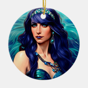 Pisces Mermaid Queen Original Fantasy art Ceramic Tree Decoration