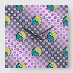 Pisces & Metal Rooster Square Wall Clock