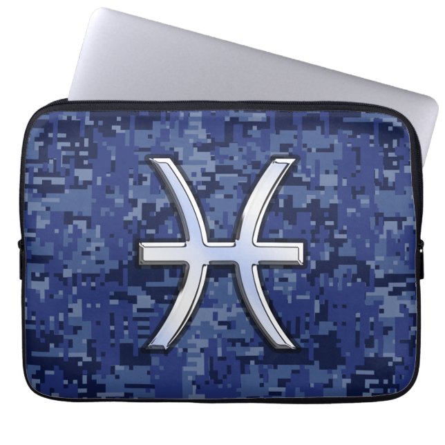 Pisces Sign Navy Blue Digital Camouflage Laptop Sleeve (Front)