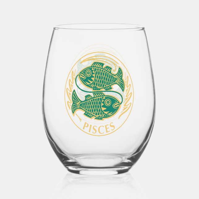 Pisces Sign of the Zodiac Stemless Wine Glass (Front)