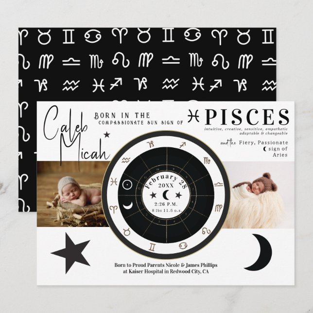 Pisces Sun & Moon Sign Zodiac Birth Announcement (Front/Back)