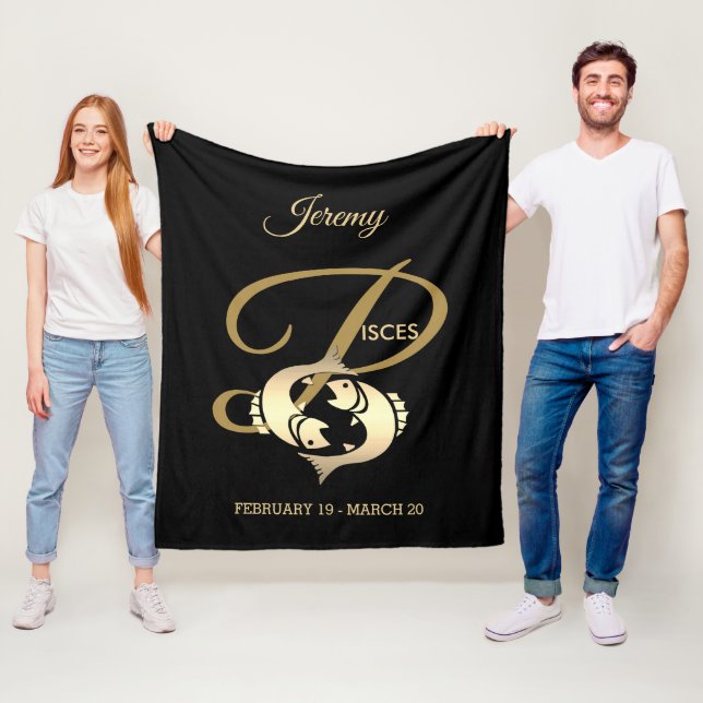 Pisces ♓ the Fish - Gold Zodiac Sign Fleece Blanket (In Situ)