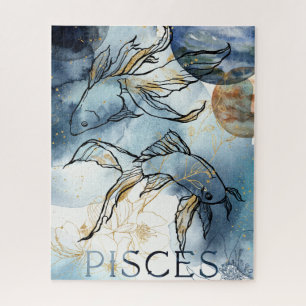 Pisces twin fish zodiac black gold flowers planets jigsaw puzzle