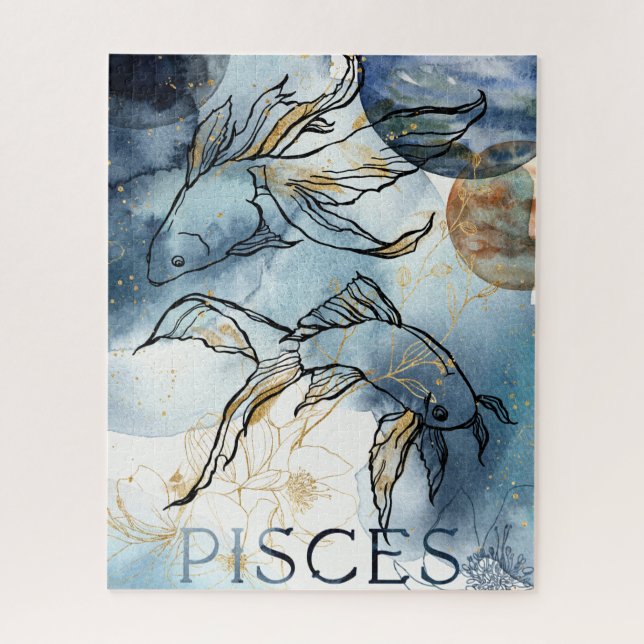 Pisces twin fish zodiac black gold flowers planets jigsaw puzzle (Vertical)