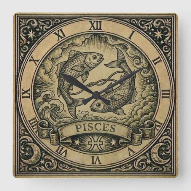 Pisces Vintage Zodiac Wall Clock (Front)