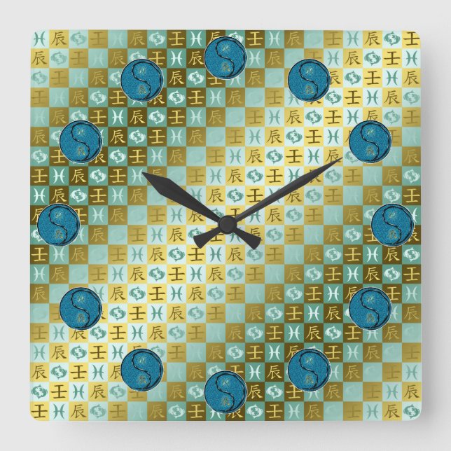 Pisces & Water Dragon Square Wall Clock (Front)