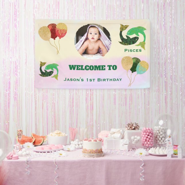 Pisces Watercolor 1st Birthday Photo Sign (Party)