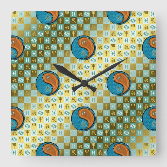 Pisces & Wood Dragon Square Wall Clock (Front)