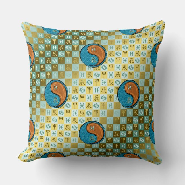 Pisces & Wood Dragon Throw Pillow (Front)