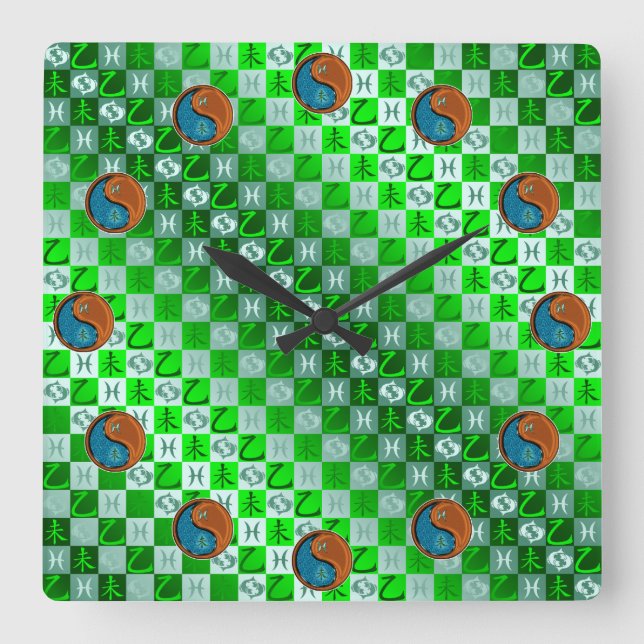 Pisces & Wood Goat Square Wall Clock (Front)