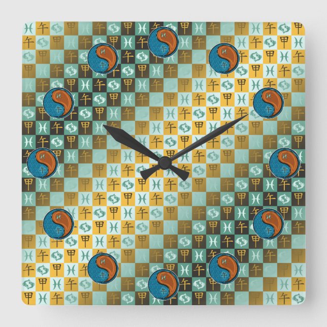 Pisces & Wood Horse Square Wall Clock (Front)