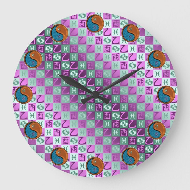 Pisces & Wood Rooster Large Clock (Front)