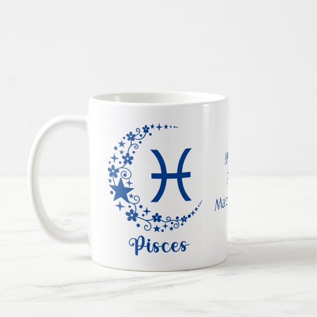 Pisces Zodiac Astrology Birthday Gift Blue White Coffee Mug (Left)