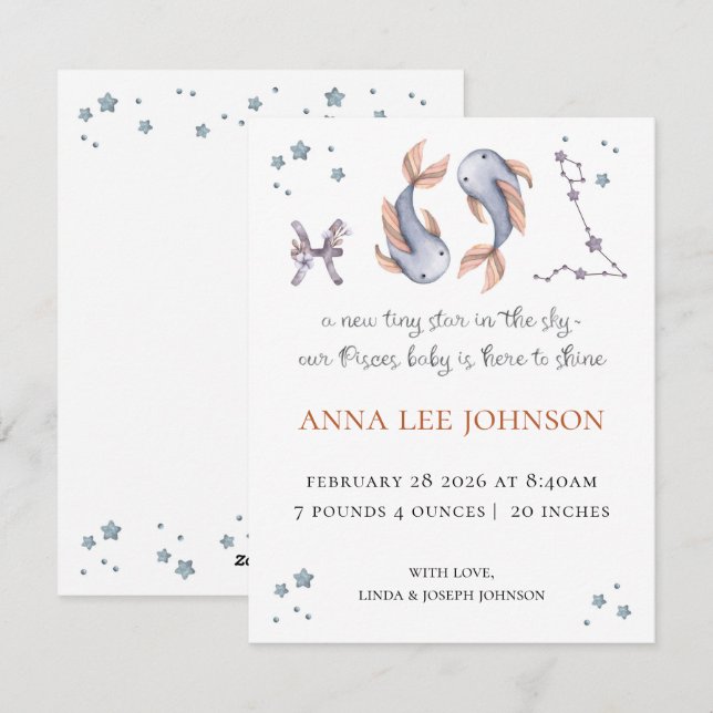 Pisces Zodiac Birth Announcement (Front/Back)