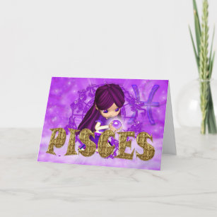 Pisces Zodiac Birthday card with cutie pie amethys