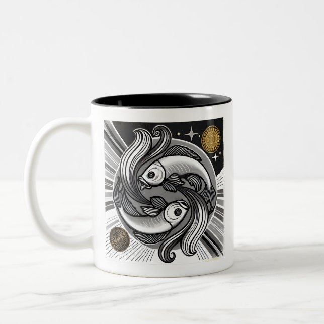 Pisces Zodiac Black and White Coffee Mug (Left)