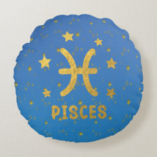 Pisces Zodiac Blue and Gold Round Pillow