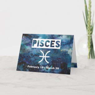 Pisces Zodiac Blue Watercolor Galaxy Birthday Card