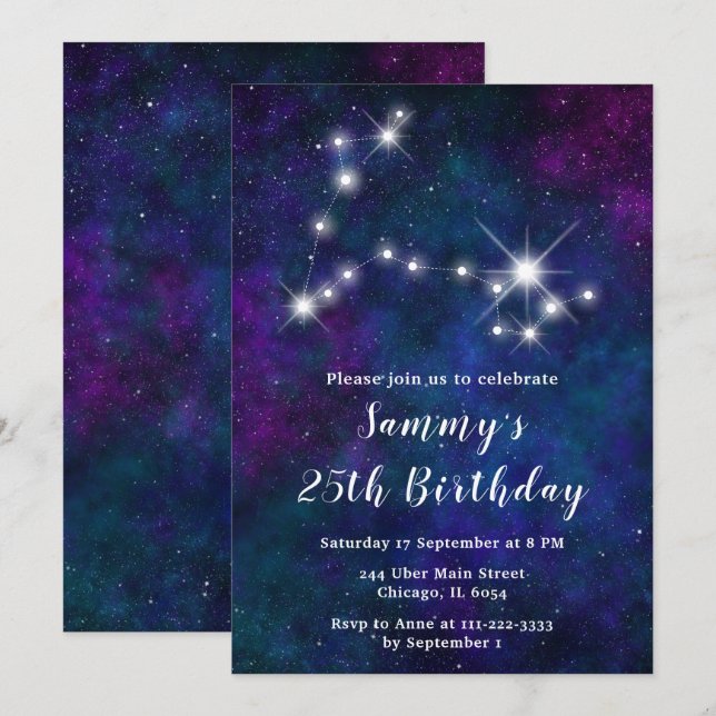 Pisces Zodiac Constellation Birthday Party Invitation (Front/Back)