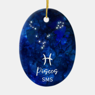 Pisces Zodiac Constellation Blue Galaxy Monogram Ceramic Tree Decoration