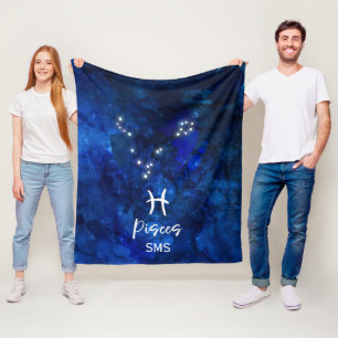 Pisces Zodiac Constellation Blue Galaxy Monogram Fleece Blanket