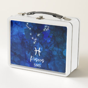 Pisces Zodiac Constellation Blue Galaxy Monogram Metal Lunch Box