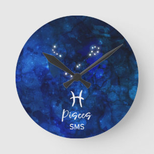 Pisces Zodiac Constellation Blue Galaxy Monogram Round Clock