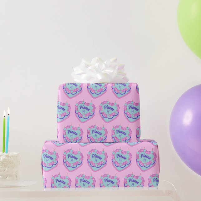Pisces Zodiac Coquette Heart Birthday Cake Wrapping Paper (Party Gifts)