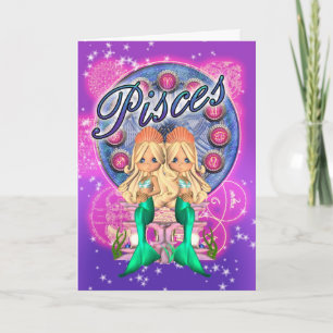 Pisces Zodiac Cute Card With Two Mermaids