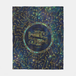 Pisces Zodiac Gold Abalone on Constellation Fleece Blanket