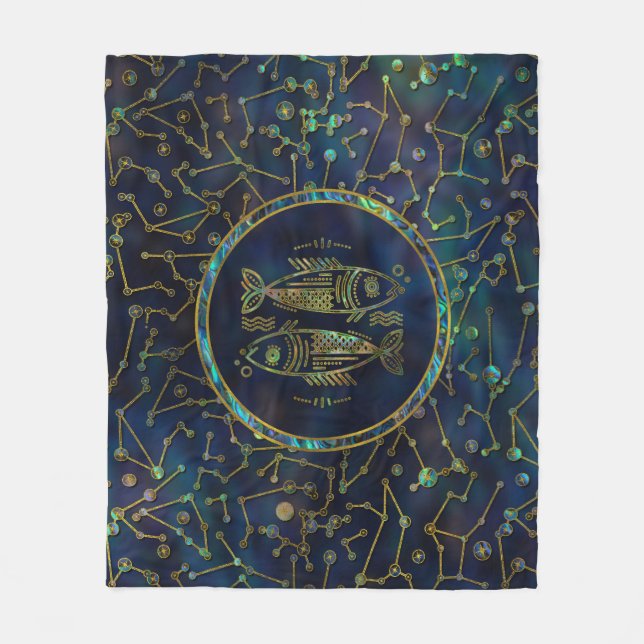 Pisces Zodiac Gold Abalone on Constellation Fleece Blanket (Front)