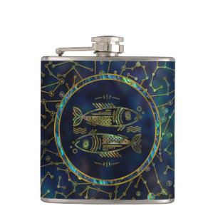 Pisces Zodiac Gold Abalone on Constellation Hip Flask