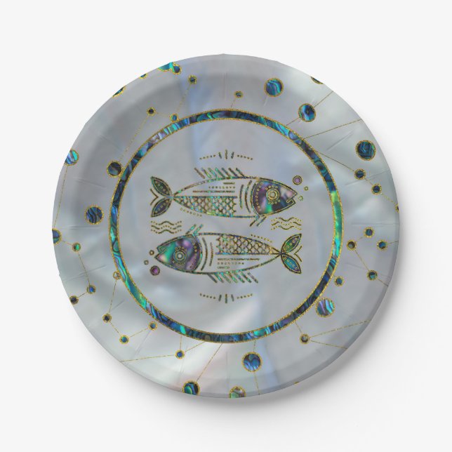 Pisces Zodiac Gold Abalone on Constellation Paper Plate (Front)