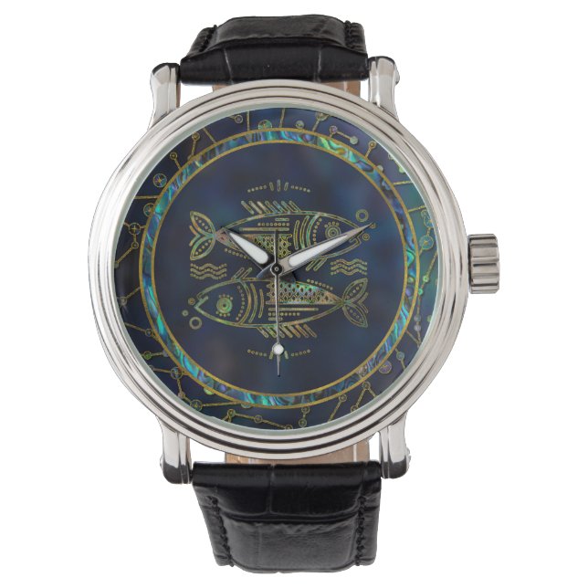 Pisces Zodiac Gold Abalone on Constellation Watch (Front)