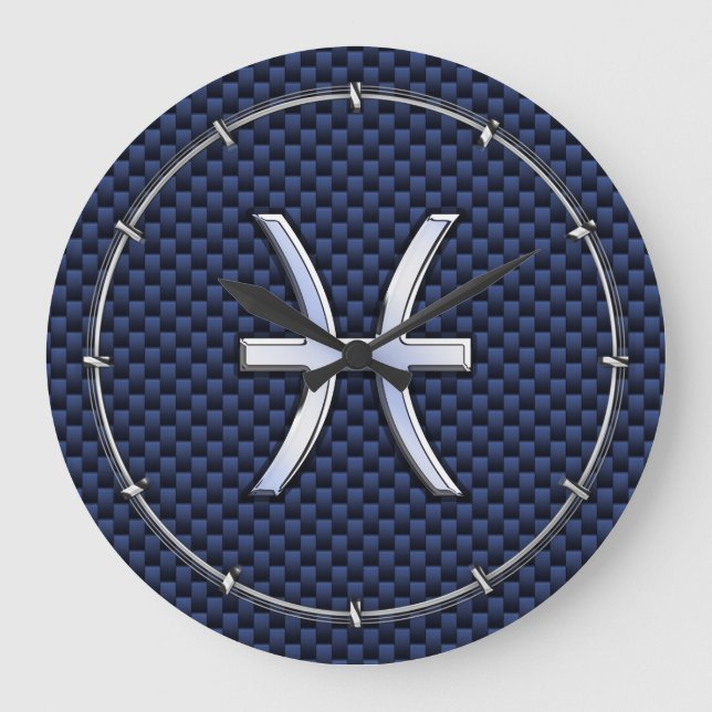 Pisces Zodiac on Blue Carbon Fiber Print Large Clock (Front)