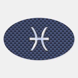 Pisces Zodiac on Blue Carbon Fibre Print Oval Sticker
