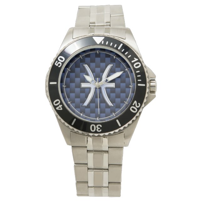 Pisces Zodiac on Blue Carbon Fibre Print Watch (Front)