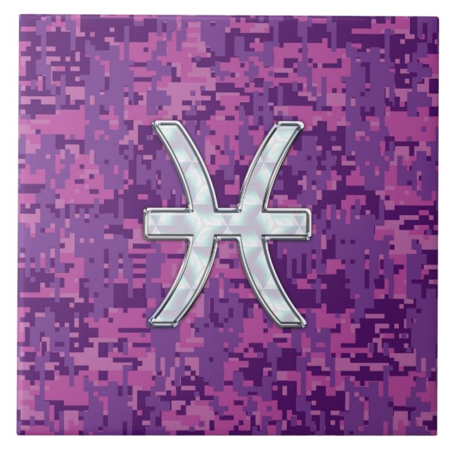 Pisces Zodiac on Fuchsia Pink Digital Camouflage Tile (Front)