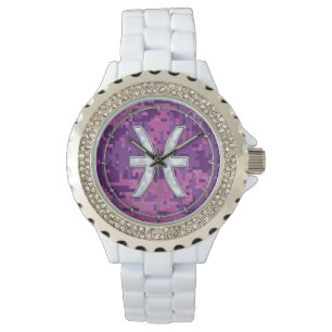 Pisces Zodiac on Fuchsia Pink Digital Camouflage Watch